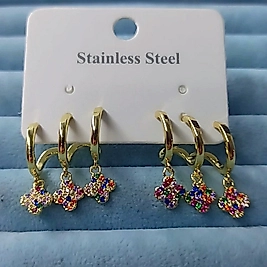 Çelik 14K 3 Lü Görünümlü Yonca Renkli Taşlı Küpe