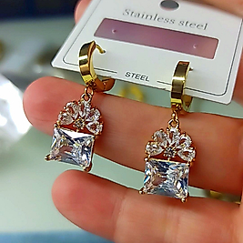 Çelik 14K Baget Taşlı Sallantılı Küpe