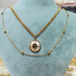 Gold Kaplama Çift Zincirli Mine Üzerinde 🍀lı Kolye