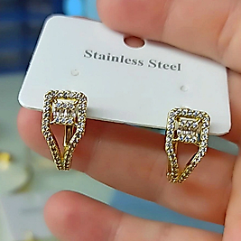 Çelik 14K Baget Modern Taşlı Küpe