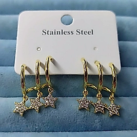 Çelik 14K 3 Lü Görünümlü 🌟 Star Taşlı Küpe