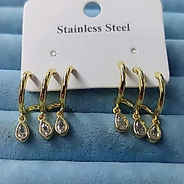 Çelik 14K 3 Lü Görünümlü Damla Taşlı Küpe