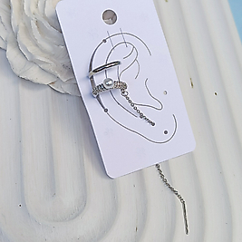 Pirinç Kaplama Silver İnci ve Taşlı Zincirli Tekli Earcuff