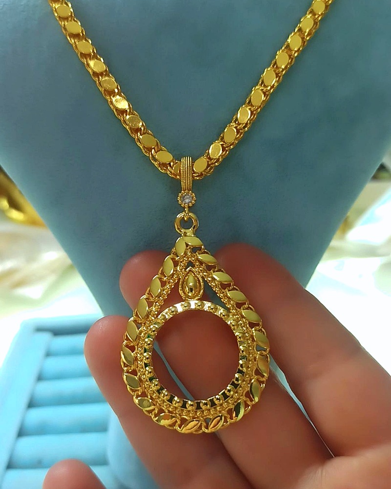 22K Altın Kaplama 60 Cm Arpa Zincirli Yarım Altın Çerçeveli Kolye