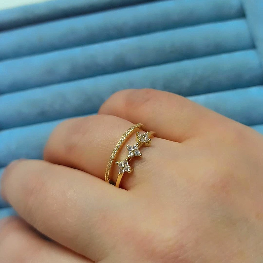 14K Çift Sıra Minimal Yonca Yüzük