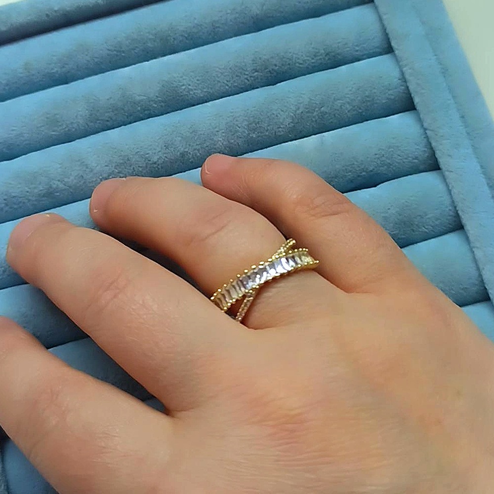 14K Baget Çapraz Taşlı Yüzük