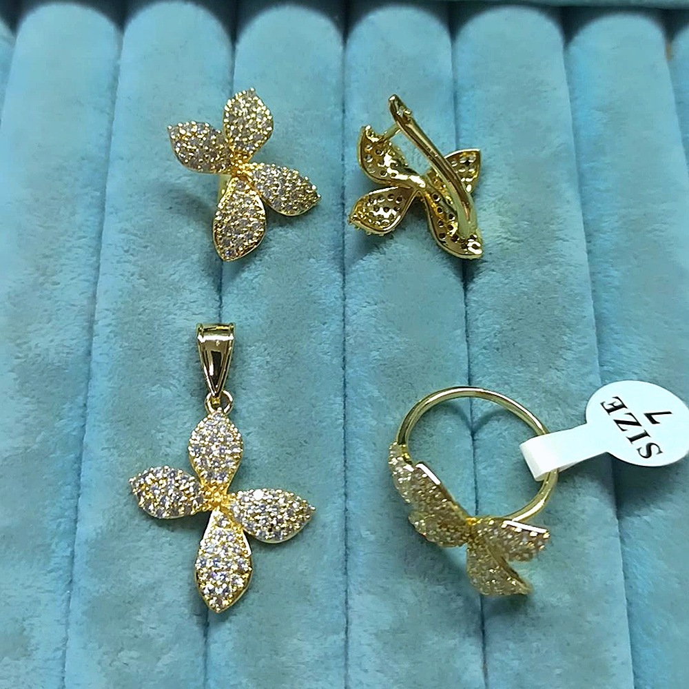 14K Çicekli 3 lü Full Taşlı Set